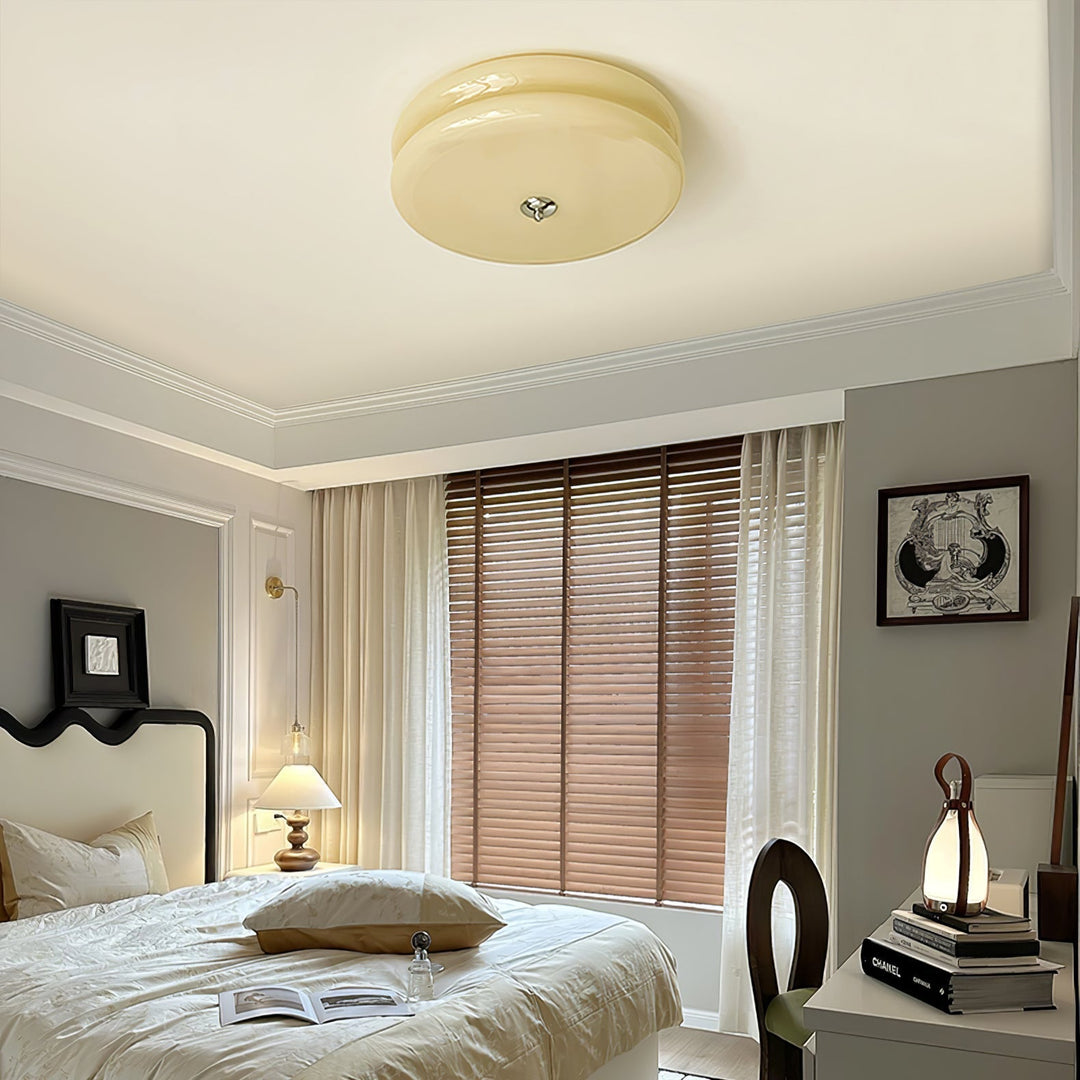 "Art Deco ceiling light with integrated LED, featuring geometric design in iron, metal, and glass for vintage elegance."