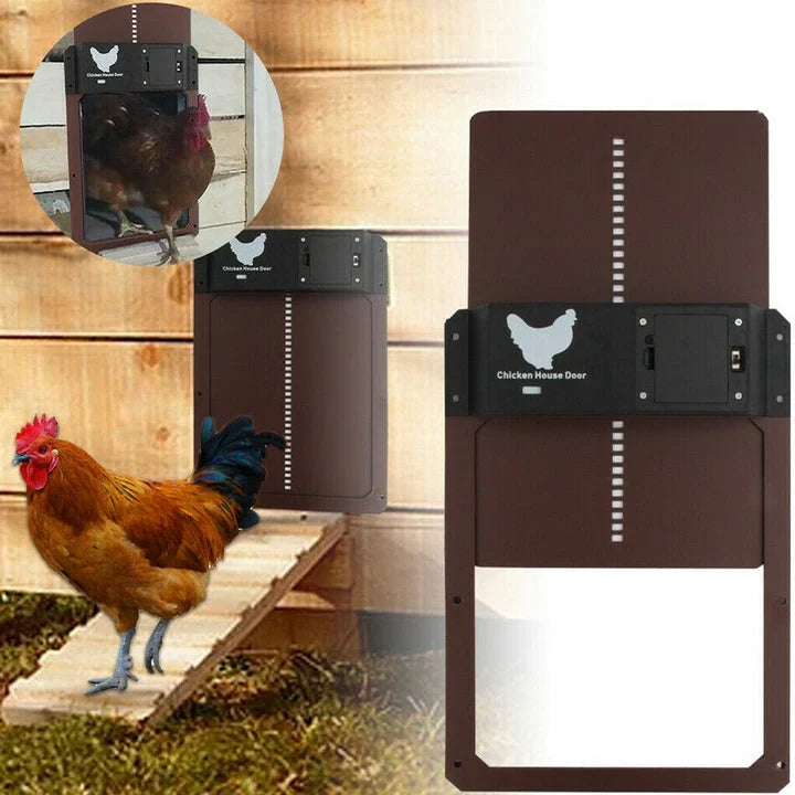 Automatic chicken coop door with light sensor, weatherproof brown frame; opens/closes by itself, protects from predators.