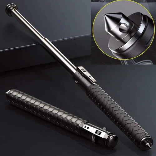"Automatic folding black walking cane with ergonomic handle, lightweight aluminum, adjustable height for enhanced support."