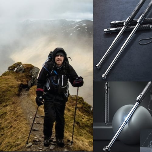"Automatic folding black walking cane with ergonomic handle, lightweight aluminum, adjustable height for enhanced support."