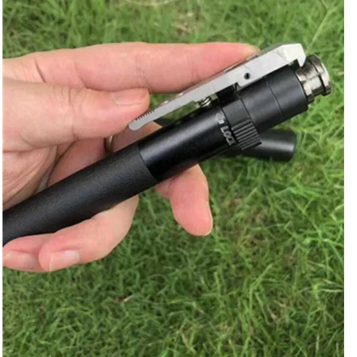 "Automatic folding black walking cane with ergonomic handle, lightweight aluminum, adjustable height for enhanced support."
