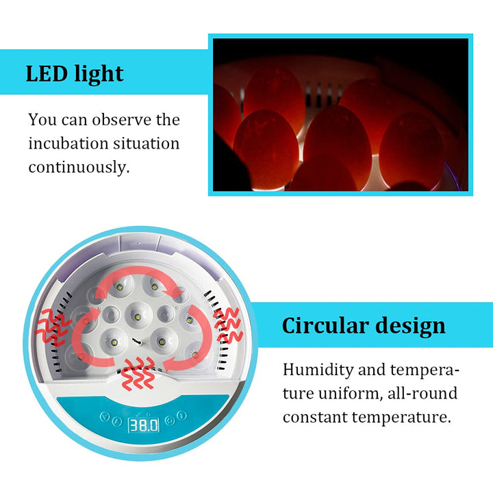"Automatic LED egg incubator with temperature control, featuring digital display and eco-friendly ABS materials."
