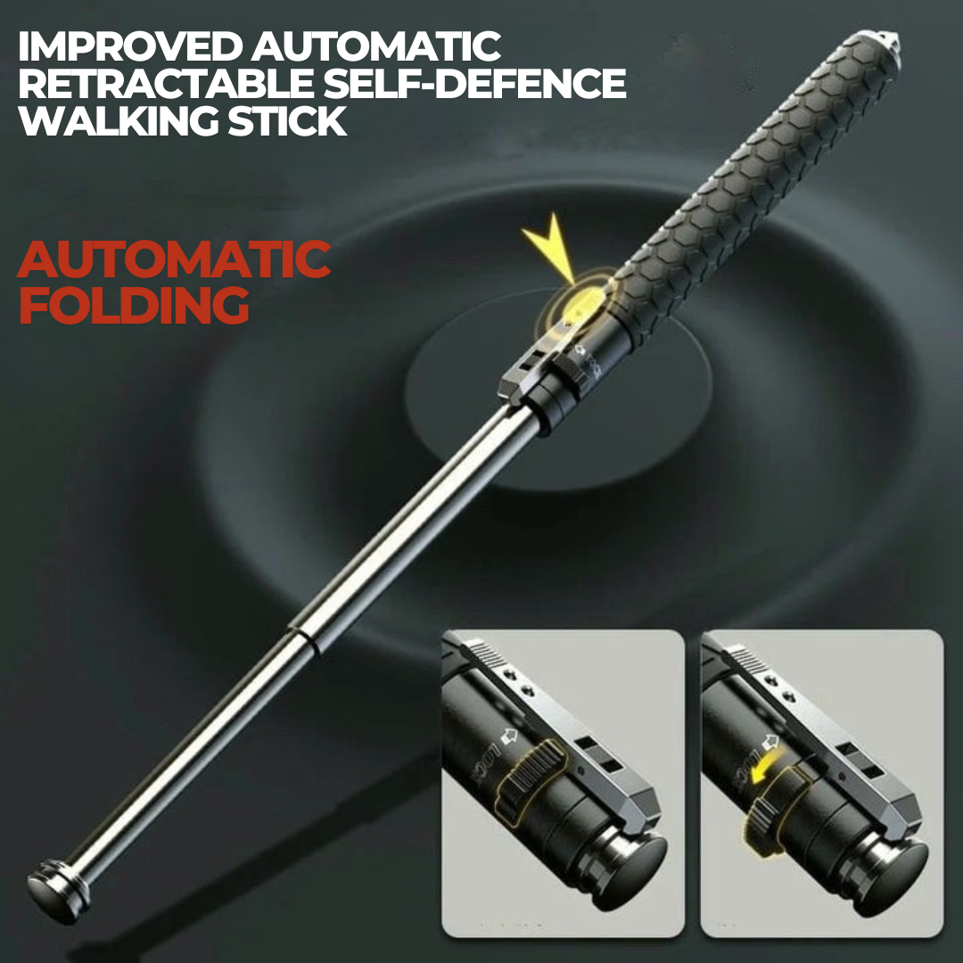 "Automatic self-defense walking stick for urban safety with one-click deploy, anti-slip grip, and lightweight alloy design."
