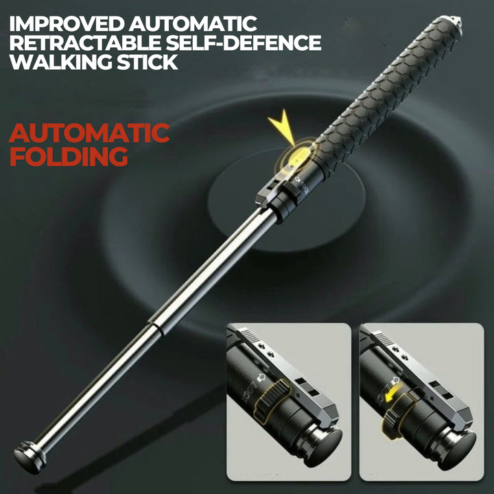 "Automatic self-defense walking stick for urban safety with one-click deploy, anti-slip grip, and lightweight alloy design."