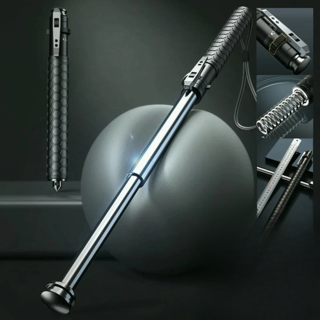"Automatic self-defense walking stick for urban safety with one-click deploy, anti-slip grip, and lightweight alloy design."