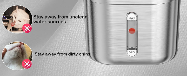 "Automatic stainless steel cat water fountain with triple filtration, quiet pump, and adjustable flow for pet hydration."