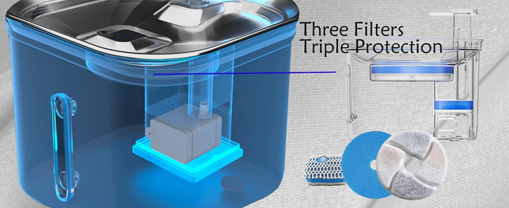 "Automatic stainless steel cat water fountain with triple filtration, quiet pump, and adjustable flow for pet hydration."