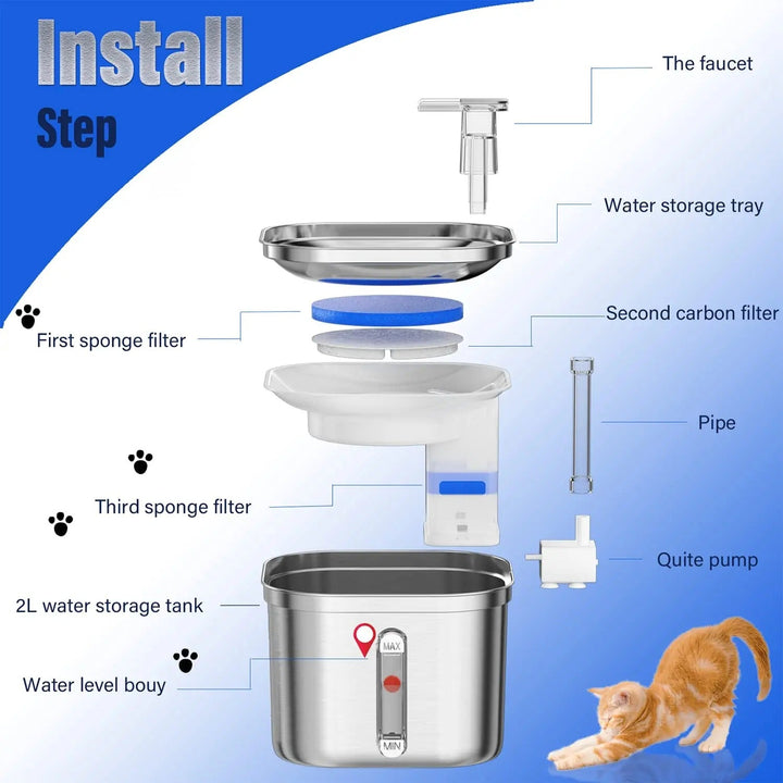 "Automatic stainless steel cat water fountain with triple filtration, quiet pump, and adjustable flow for pet hydration."