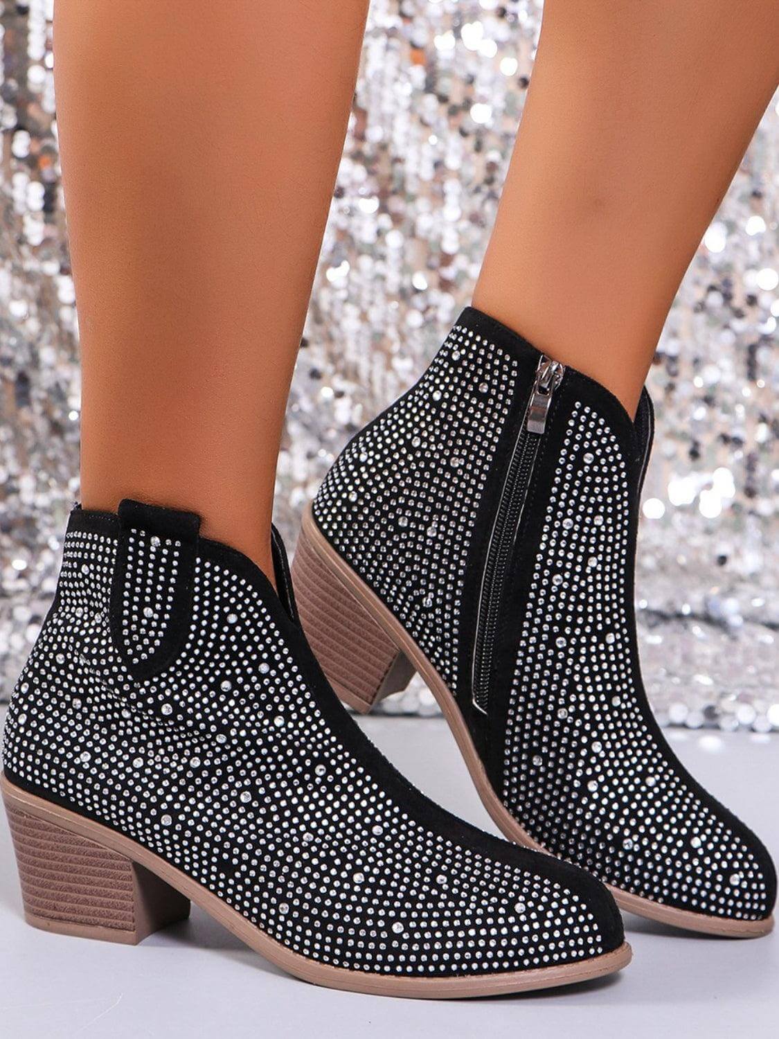 Rhinestone Pointed Toe Block Heel Boots