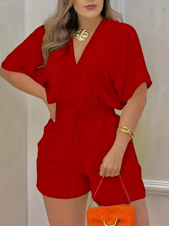 Shirred Waist Romper V-Neck Short Sleeve Jumpsuit