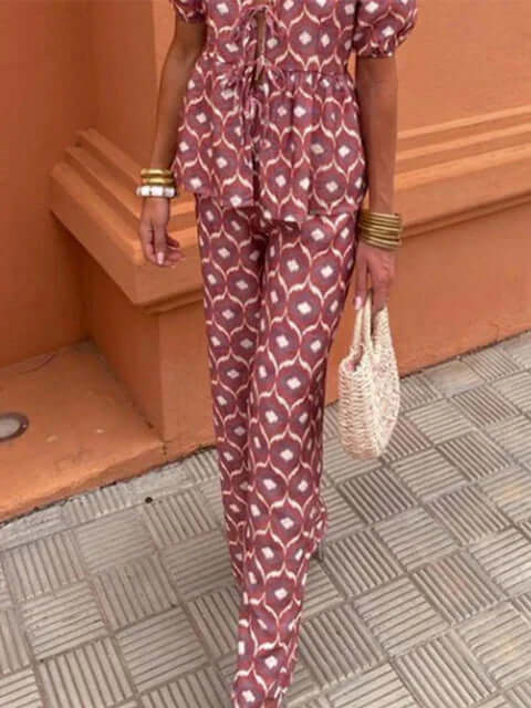 Women's Boho Puff Sleeves & Wide-Leg Pants