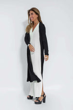 White dress + black cardigan
