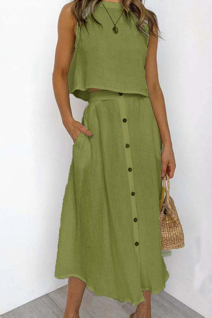 Women's Relaxed Round Neck Top and Midi Skirt Set