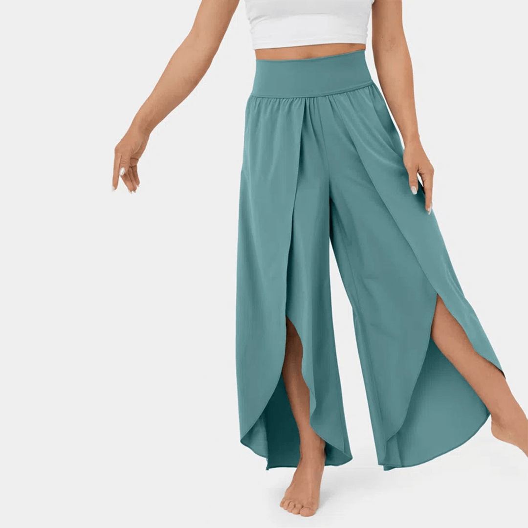 Flared Casual Trousers - High-Waisted Split Hem