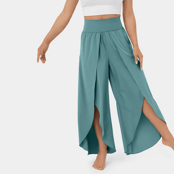 Flared Casual Trousers - High-Waisted Split Hem