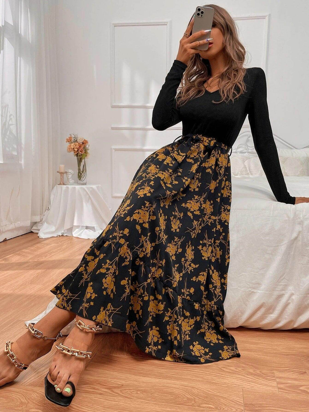 Floral A-Line Long Sleeve Dress
