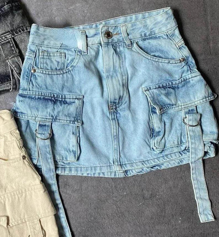 Women's Multi-Pocket Denim A-Line Mini Skirt