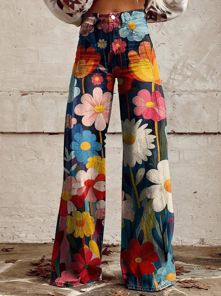 Women's High-Waisted Floral Print Trousers
