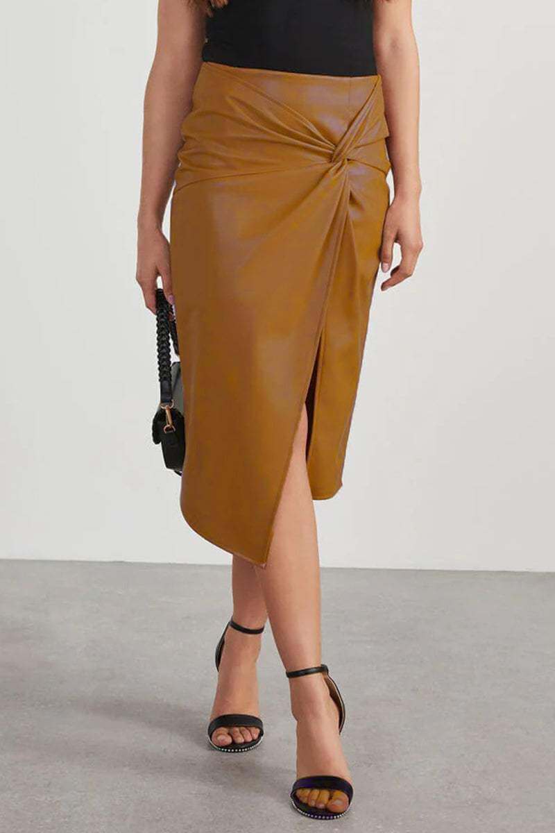 Faux Leather High-Waisted Pencil Skirt with Ruching