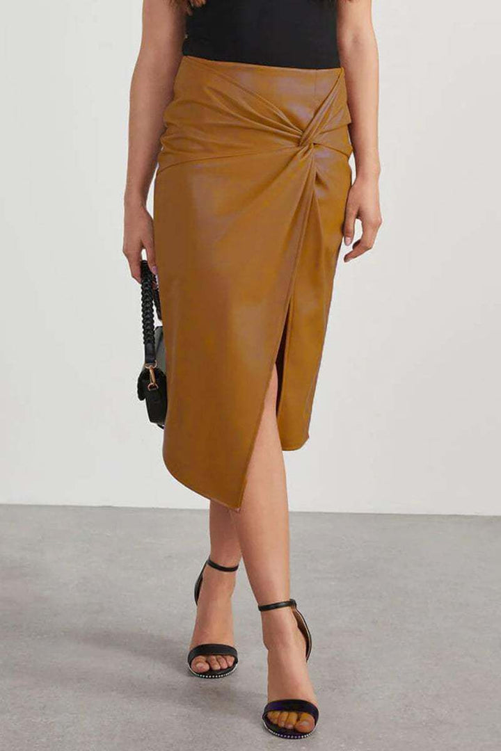 Faux Leather High-Waisted Pencil Skirt with Ruching