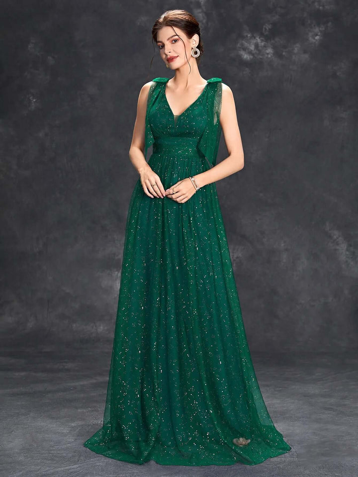 Glitter Embellished V-Neck Sleeveless Floor-Length Evening Gown