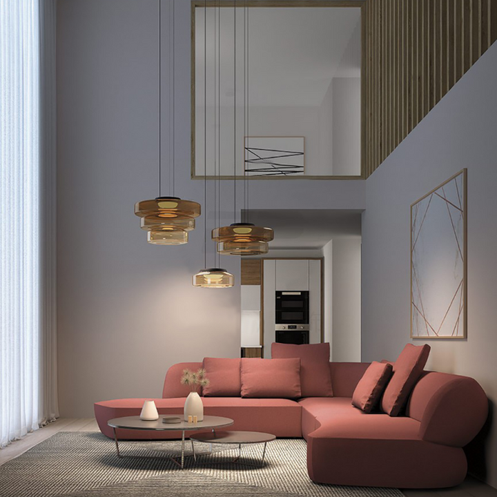 "Bauhaus style glass pendant light with sleek design enhances modern home decor, ideal for kitchens and living spaces."
