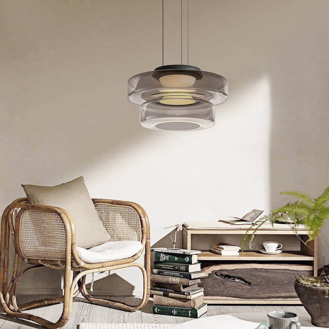 "Bauhaus style glass pendant light with sleek design enhances modern home decor, ideal for kitchens and living spaces."