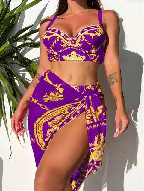 Bohemian High-Waist Bikini Set with Cover-Up
