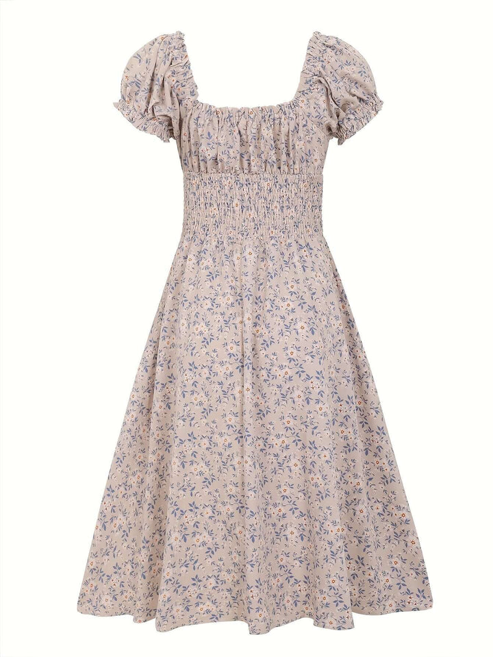 Floral Print Puff Sleeve Midi Dress