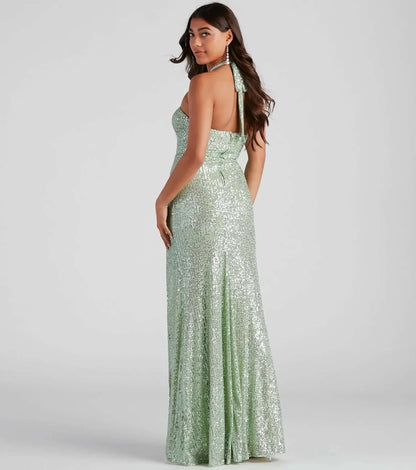 Sequin Halter Neck Evening Gown with High Slit