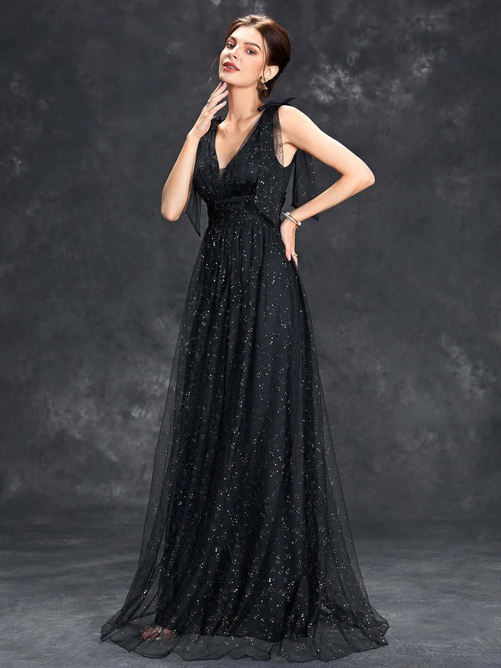 Glitter Embellished V-Neck Sleeveless Floor-Length Evening Gown