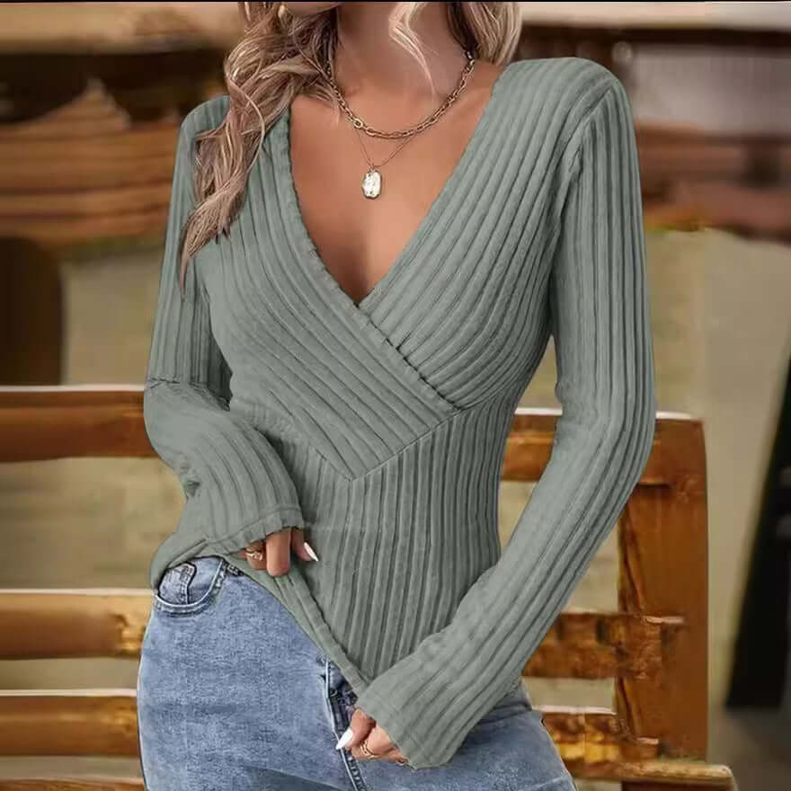 Women's Ribbed Wrap V-Neck Sweater