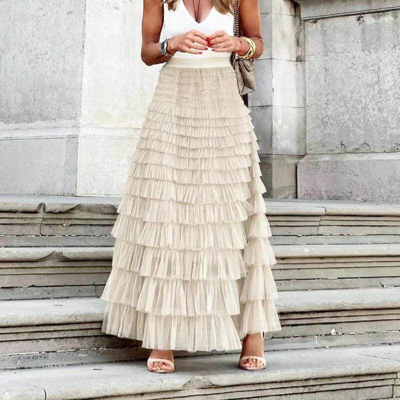 Women's Pleated Mesh Midi Skirt with Ruffle