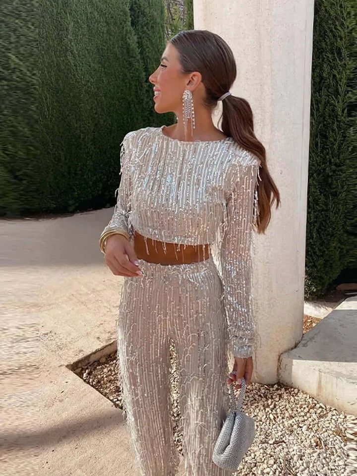 Women's Sequin Crop Top & Trousers Set