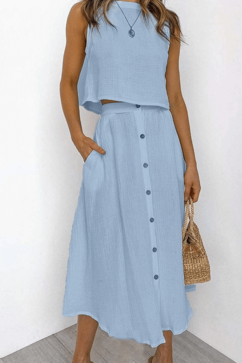 Women's Relaxed Round Neck Top and Midi Skirt Set