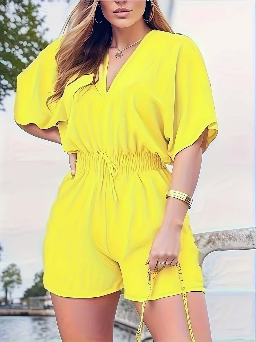 Shirred Waist Romper V-Neck Short Sleeve Jumpsuit