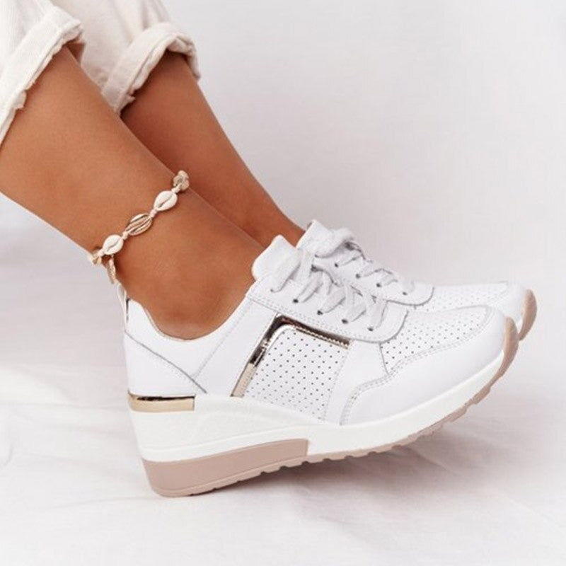 "Beige breathable leather women's shoes, sleek and trendy for everyday wear, perfect for matching any outfit."
