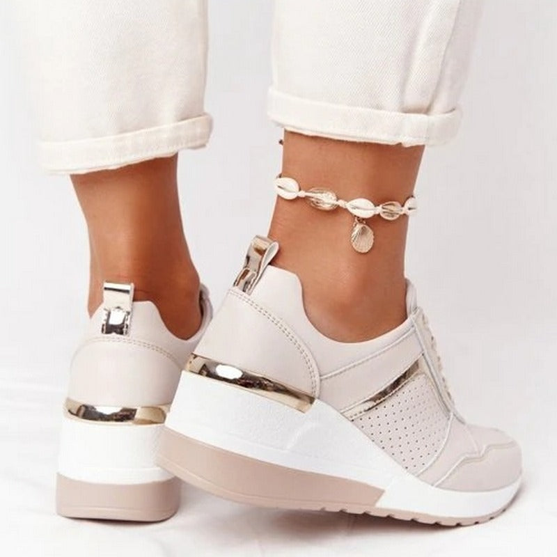 "Beige breathable leather women's shoes, sleek and trendy for everyday wear, perfect for matching any outfit."