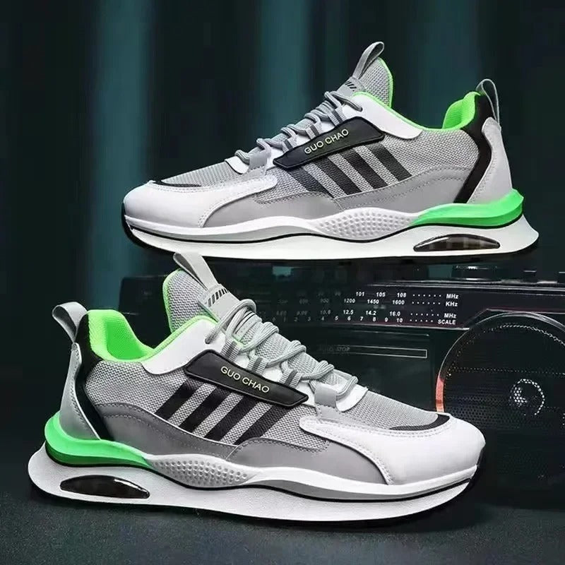 "Beige, green, orange retro men's sneakers with vintage style, cushioned insole, and durable materials for versatile wear."