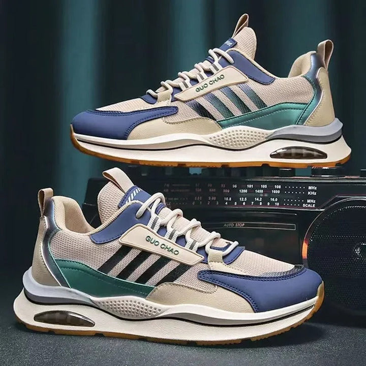 "Beige, green, orange retro men's sneakers with vintage style, cushioned insole, and durable materials for versatile wear."
