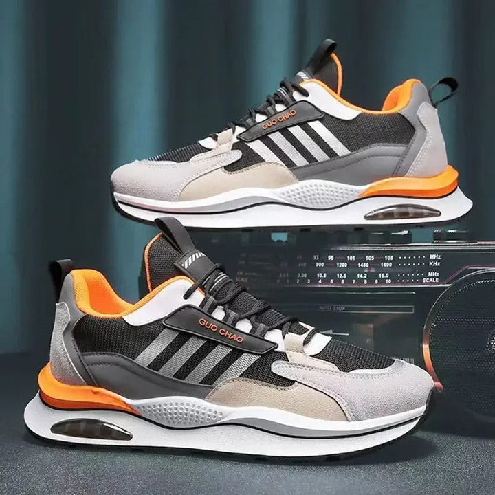 "Beige, green, orange retro men's sneakers with vintage style, cushioned insole, and durable materials for versatile wear."