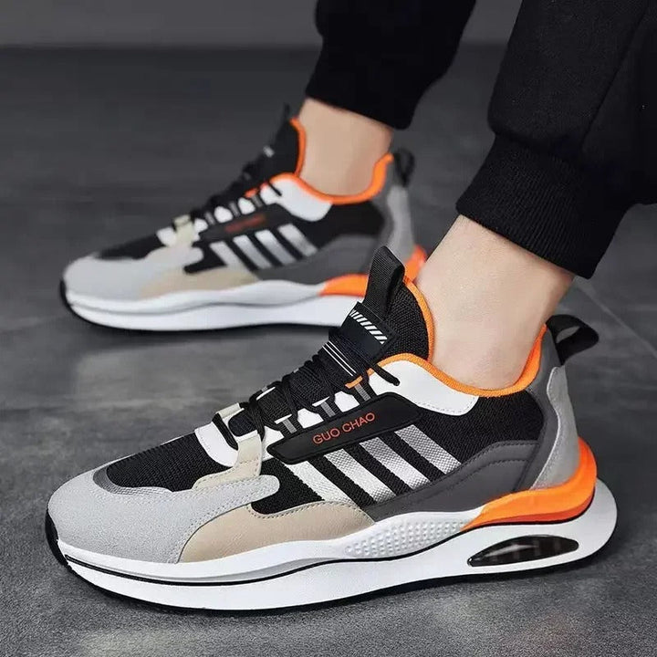 "Beige, green, orange retro men's sneakers with vintage style, cushioned insole, and durable materials for versatile wear."