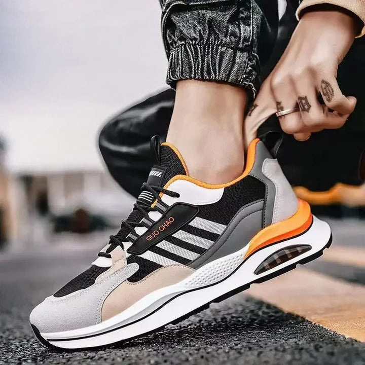 "Beige, green, orange retro men's sneakers with vintage style, cushioned insole, and durable materials for versatile wear."