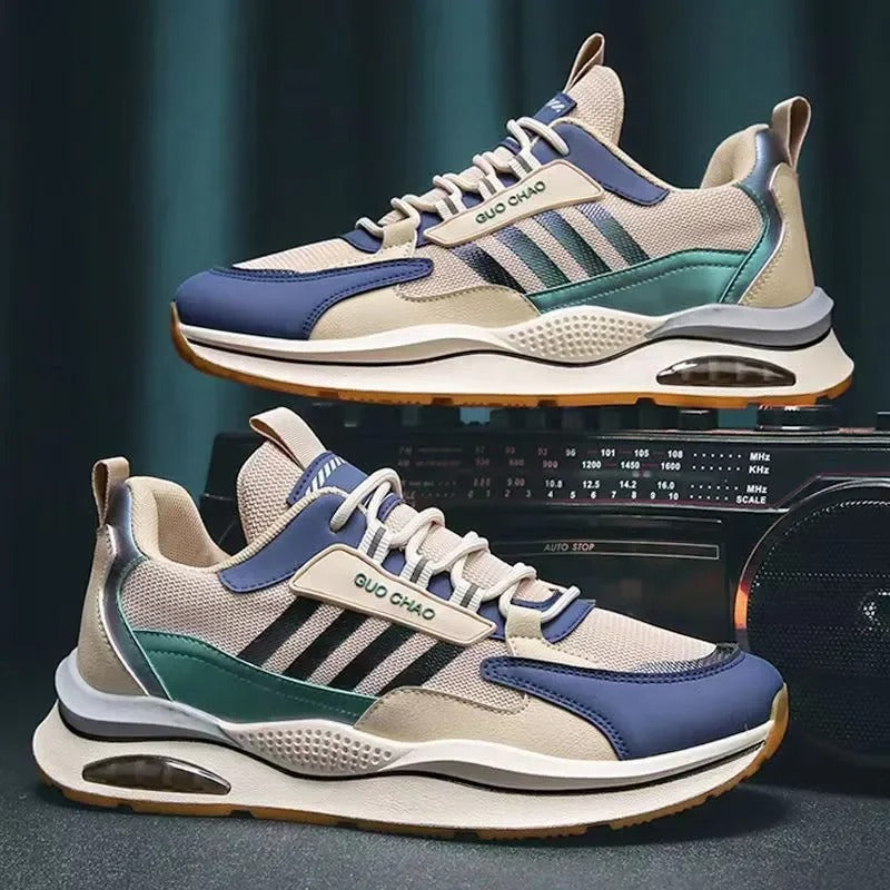 "Beige, green, orange retro men's sneakers with vintage style, cushioned insole, and durable materials for versatile wear."