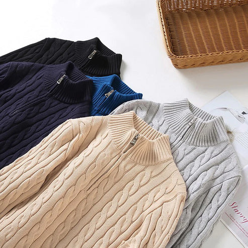 Beige men's half-zip cotton sweater with high collar, front view. Features ribbed edges and luxurious soft fabric.
