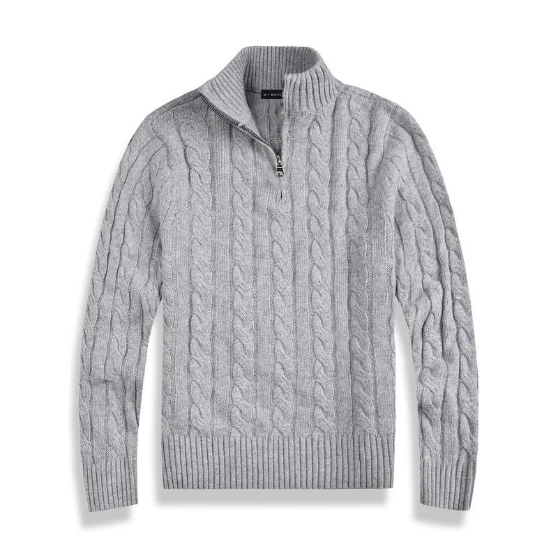Beige men's half-zip cotton sweater with high collar, front view. Features ribbed edges and luxurious soft fabric.