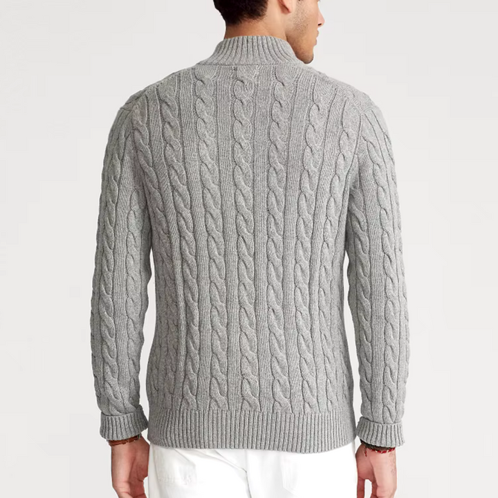 Beige men's half-zip cotton sweater with high collar, front view. Features ribbed edges and luxurious soft fabric.