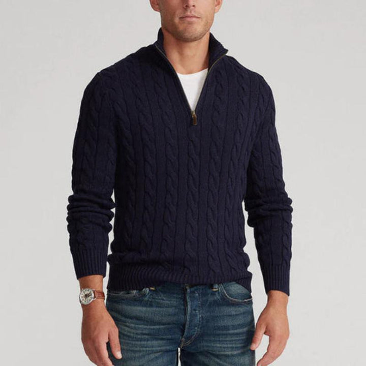 Beige men's half-zip cotton sweater with high collar, front view. Features ribbed edges and luxurious soft fabric.