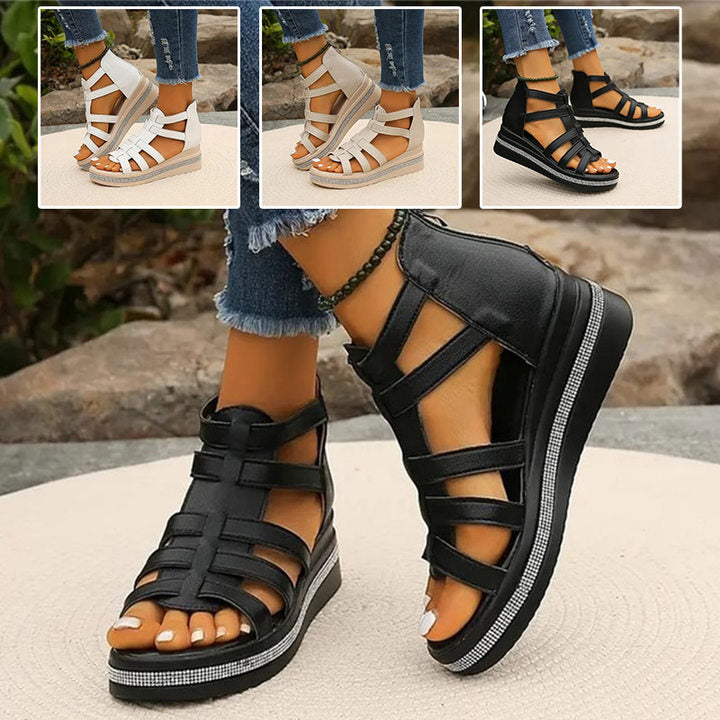 Beige women's wedge sandals with glittering rhinestone accents, offering elegant style and comfort for summer outings.