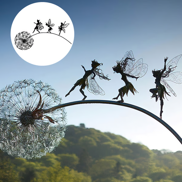Bent Fairy Steel Sculpture - Weather Resistant, laser-cut steel, dynamic pose, enchanting indoor/outdoor garden decor.